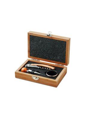 Zestaw do wina w bambusowym pudełku z korkociągiem, kołnierzem i korkiem