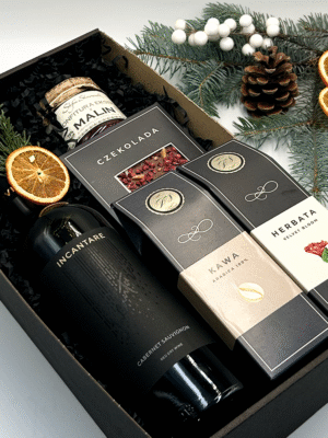 Ekskluzywny zestaw prezentowy z winem, kawą, herbatą, czekoladą i konfiturą malinową