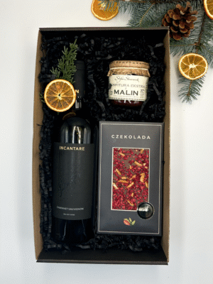 Zestaw prezentowy z winem, konfiturą malinową i czekoladą z malinami