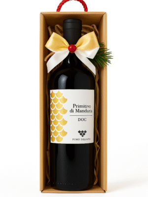 Elegancki zestaw prezentowy z winem Primitivo di Manduria DOC w ozdobnym pudełku