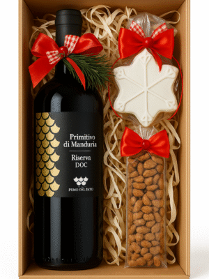 Ekskluzywny zestaw prezentowy z winem Primitivo Riserva DOC, piernikiem i orzechami w ozdobnym pudełku