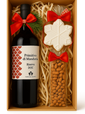 Ekskluzywny zestaw prezentowy z winem Primitivo di Manduria DOC, piernikiem i orzechami